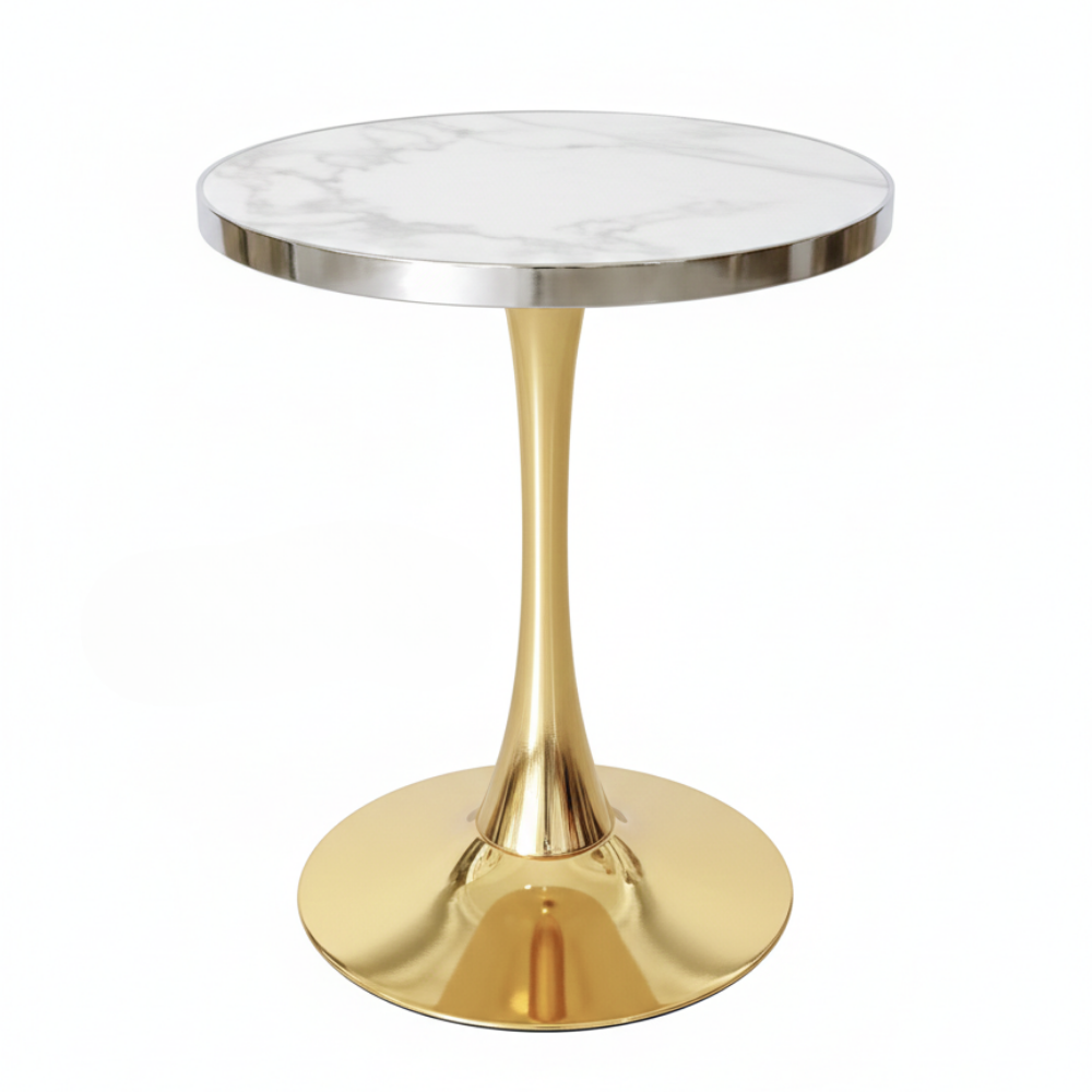 BEEDS T18 Gold Luxury Round Console Table with Marble Finish Top | Premium Single Pillar Gold Base | Designer Console Table for Living Room, Hotel Lobby & Office Décor