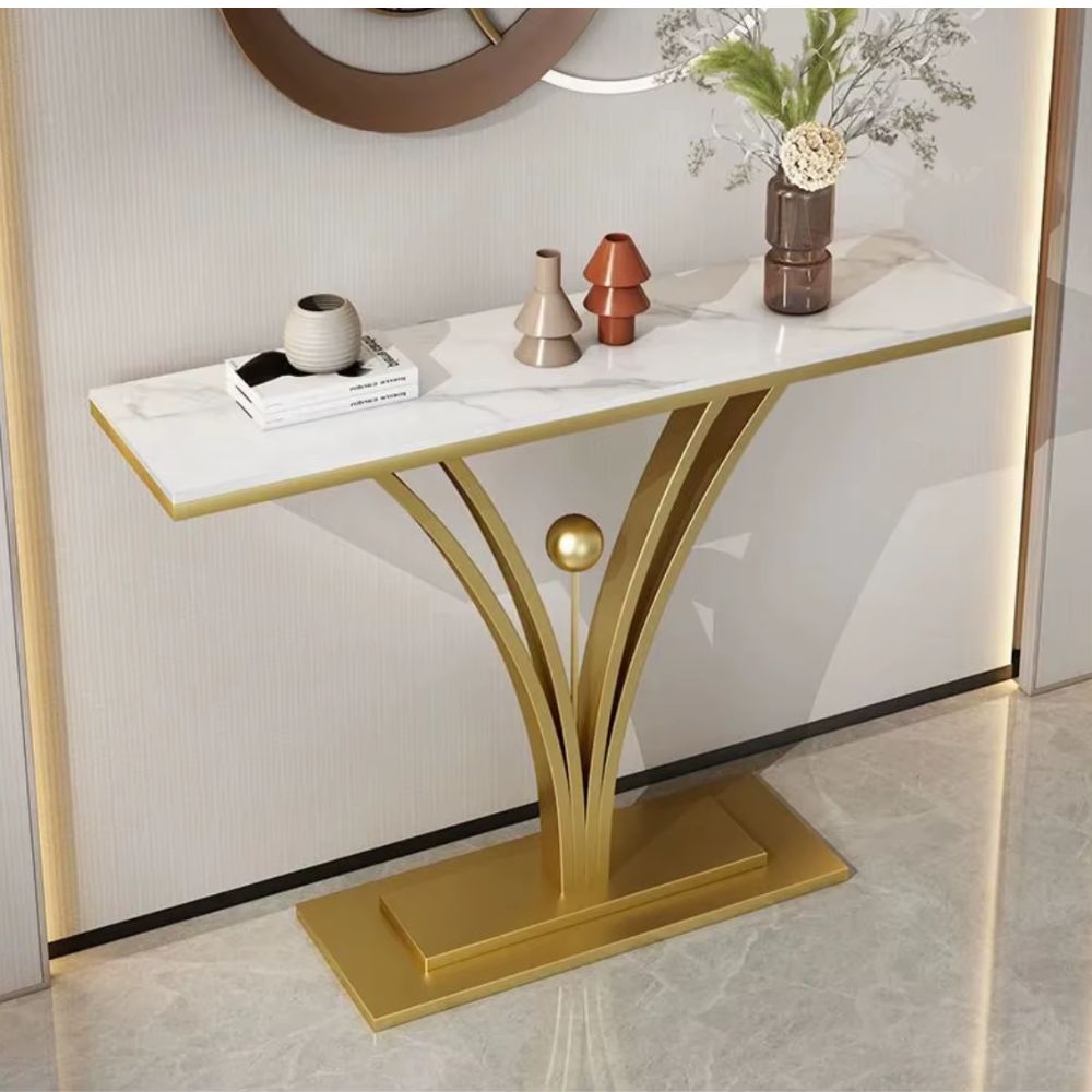 RSE Luxury Marble Console Table | Glam Gold PVD Polished Metal Entryway Sofa Accent Table | Modern Foyer Hallway Furniture