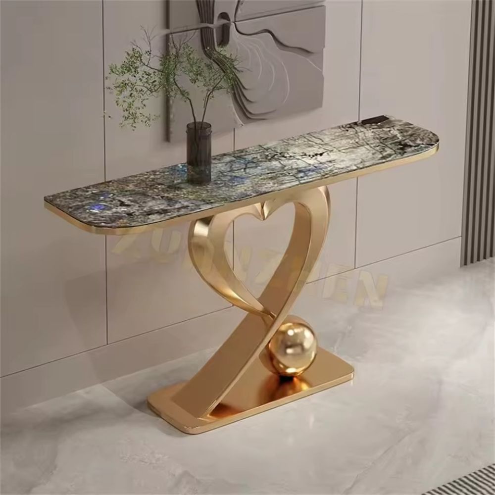 RSE Luxury Console Table with Natural Marble Top, PVD Gold Polished Heart Metal Base, Entryway & Foyer Decorative Table