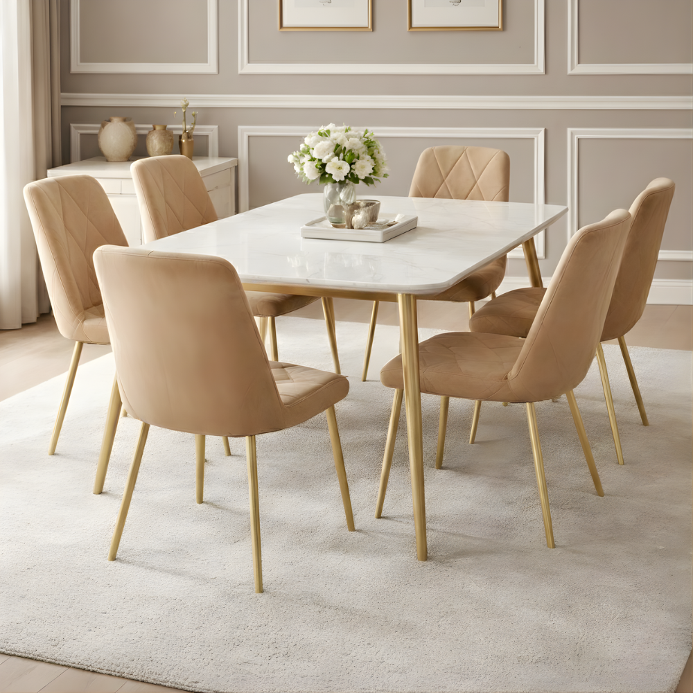 RSE Dining M01 6 Seater Dining Table Set | Marble Finish Top with Gold Metal Legs & 6 Upholstered Chairs | Modern Luxury Dining Furniture for Home & Restaurant