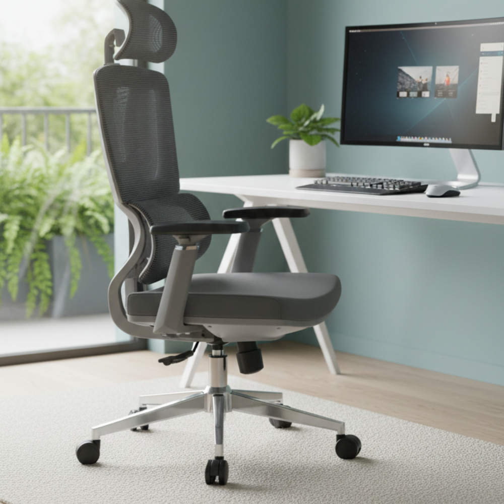 BEEDS 121B High Back Mesh Revolving Office Chair with Adjustable Height, Cushioned Seat, Fixed Armrests & Chrome Base