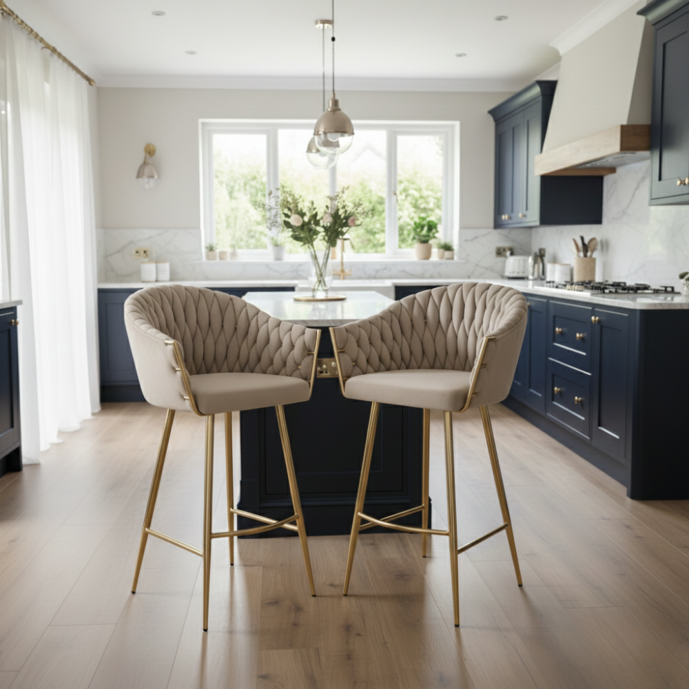 BEEDS Luxury Bar Stool D13 in Coffee Beige with Tufted Upholstery & Gold Finish Metal Legs | Designer High Stool for Bar, Kitchen Island, Café & Restaurant