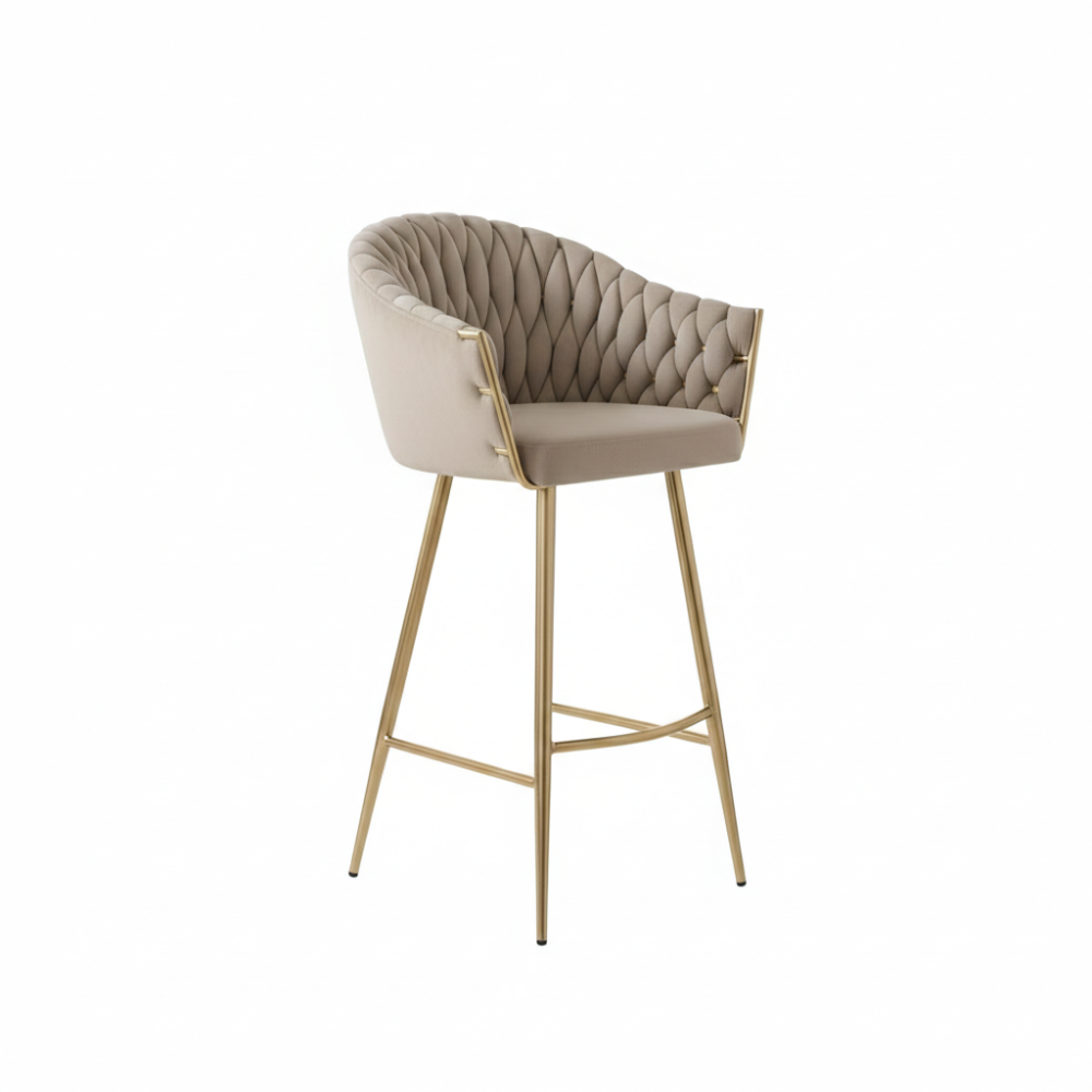 BEEDS Luxury Bar Stool D13 in Coffee Beige with Tufted Upholstery & Gold Finish Metal Legs | Designer High Stool for Bar, Kitchen Island, Café & Restaurant
