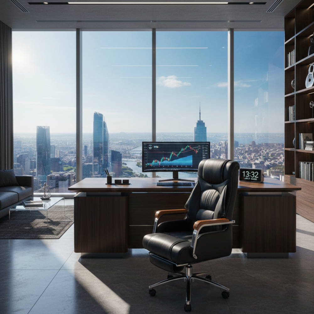 RSE Boss Chair Premium Office Chair with Adjustable Recline, Wooden Armrests, Padded Cushion, and Smooth Rolling Wheels