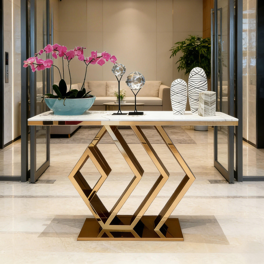 BEEDS Luxury Designer Console Table XG 020 | Premium Marble Top with Gold Stainless Steel Base | Modern Console for Living Room, Hotel, Lobby & Reception