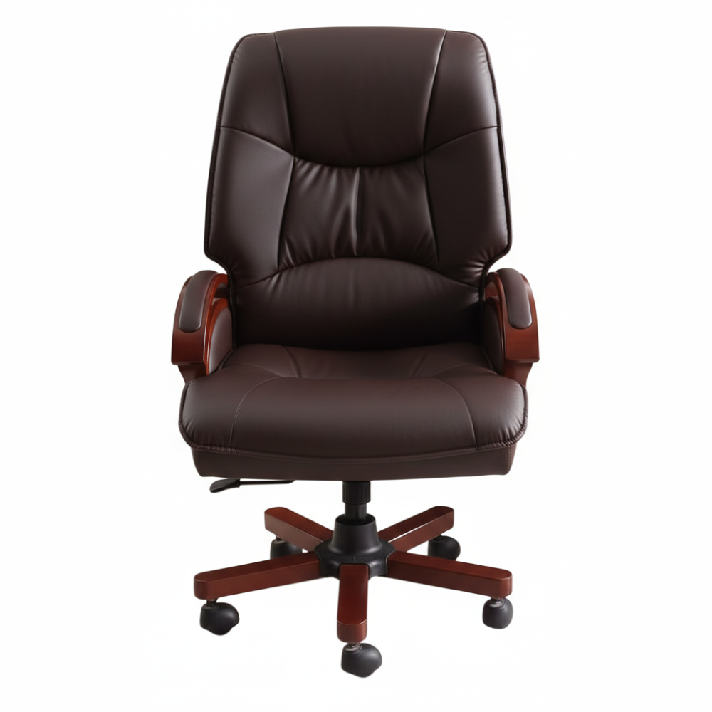 Beeds F120 Luxury Executive Office Chair | High Back Boss Chair with Premium Leatherette Upholstery, Wooden Armrests, Heavy Metal Base & Smooth Castor Wheels