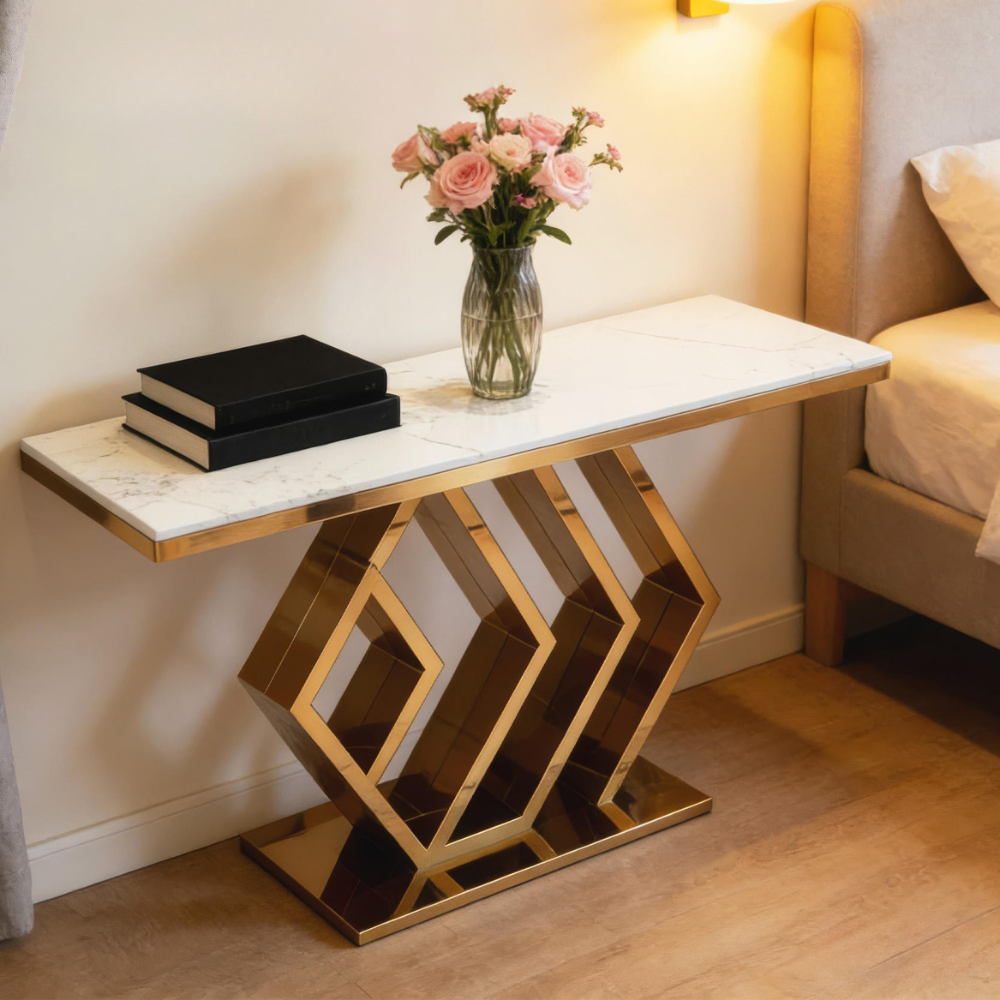 BEEDS Luxury Designer Console Table XG 020 | Premium Marble Top with Gold Stainless Steel Base | Modern Console for Living Room, Hotel, Lobby & Reception