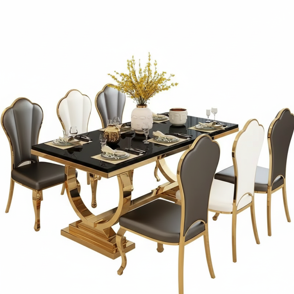 BEEDS Dining Table M25 with Premium Black Marble Top & Gold Stainless Steel Base | Luxury Modern Dining Table for Home, Hotel & Restaurant Use