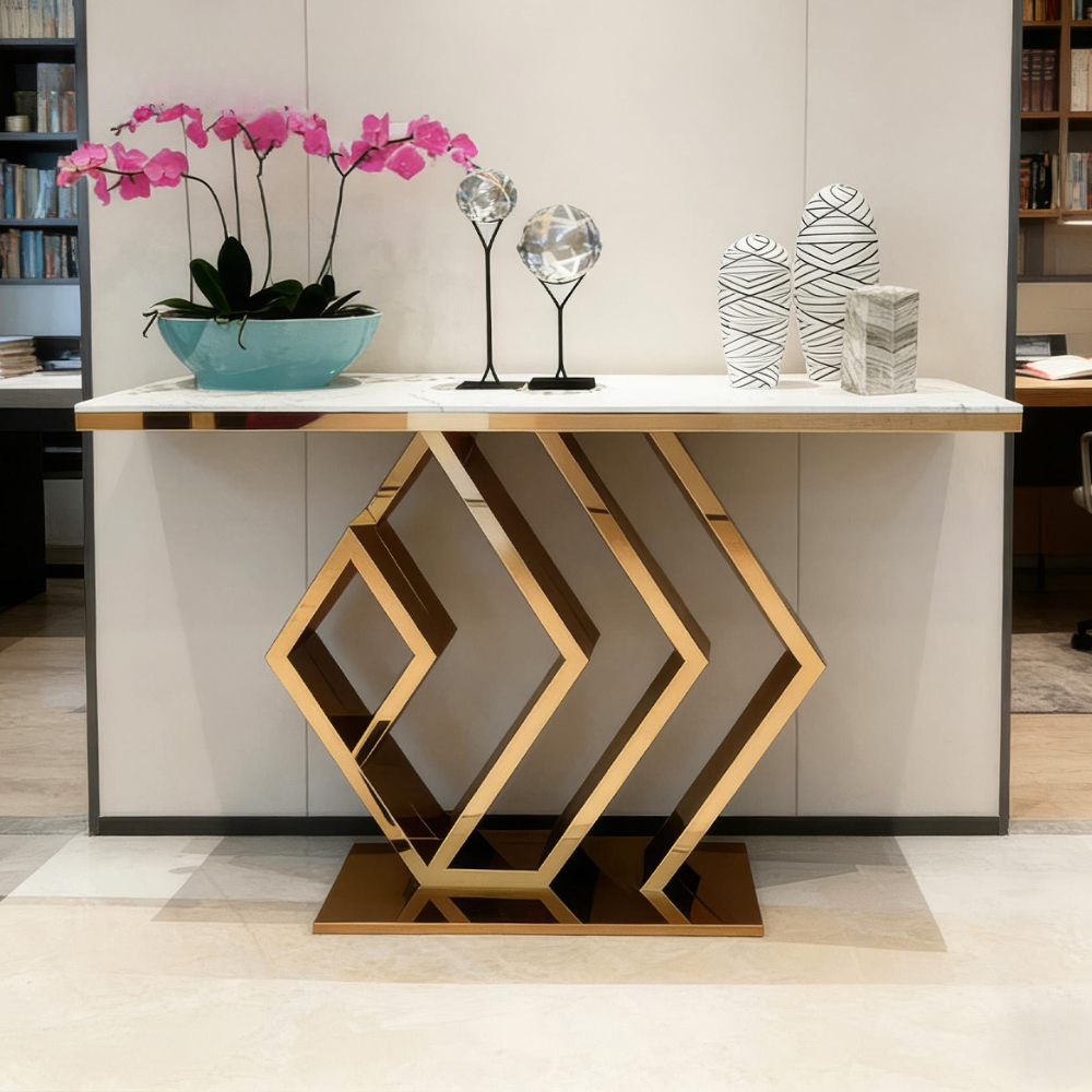 BEEDS Luxury Designer Console Table XG 020 | Premium Marble Top with Gold Stainless Steel Base | Modern Console for Living Room, Hotel, Lobby & Reception