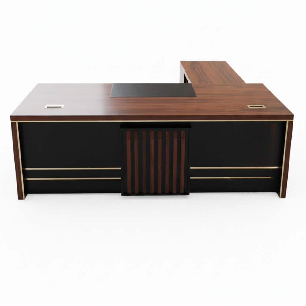 BEEDS L-Shape Executive Office Table 592 Modern Manager Workstation with Storage Cabinet & Cable Grommet | Corporate Office Desk for Professional Workspaces