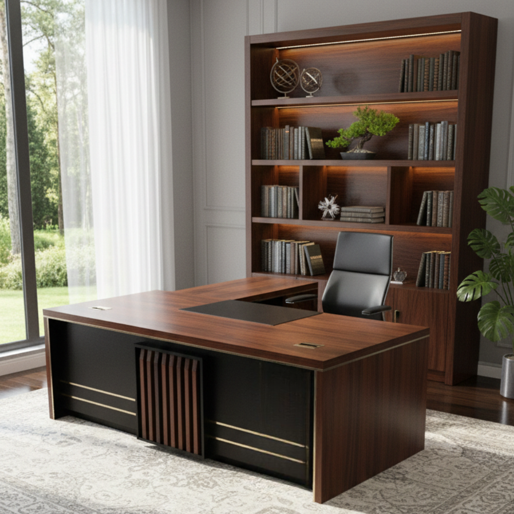 BEEDS L-Shape Executive Office Table 592 Modern Manager Workstation with Storage Cabinet & Cable Grommet | Corporate Office Desk for Professional Workspaces