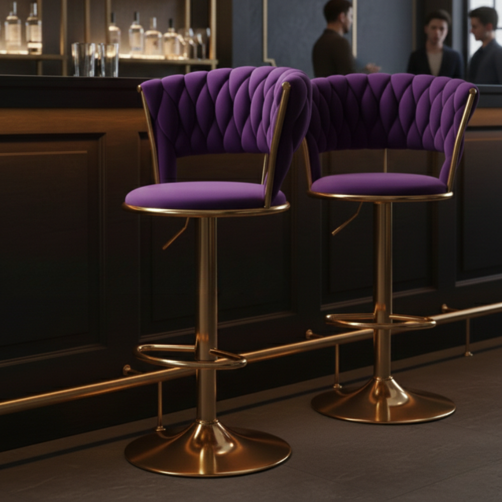 RSE Adjustable Bar Stool with Plush Quilted Seat, Gold Finish Base, Stylish Footrest, Comfortable Seating for Kitchen, Dining, Bar, or Office Use