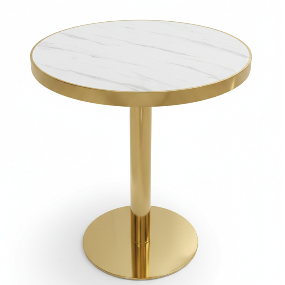 Beeds T-01 Round Coffee Table with Marble Finish MDF Top & Gold Pedestal Base | Premium Café & Restaurant Coffee Table