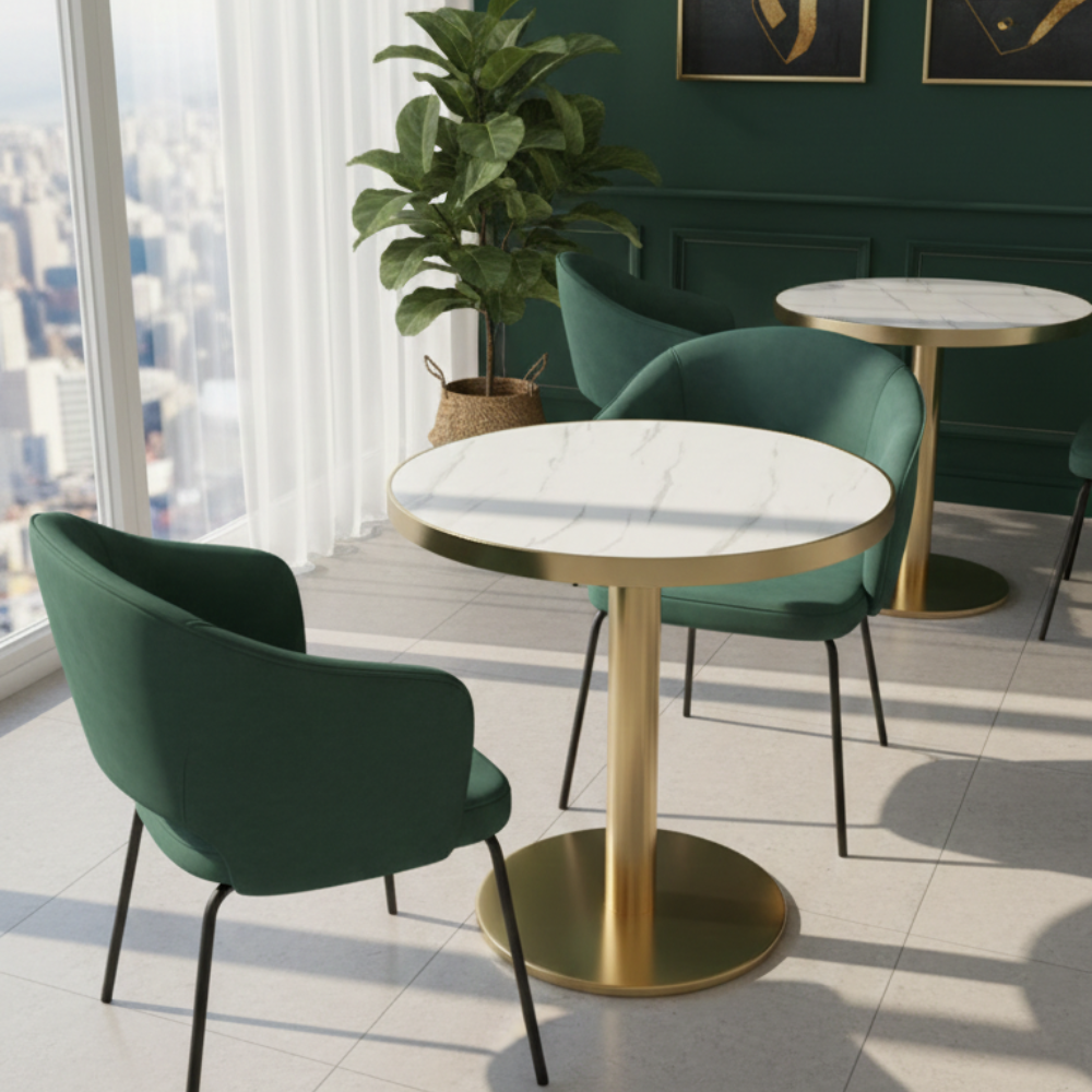 Beeds T-01 Round Coffee Table with Marble Finish MDF Top & Gold Pedestal Base | Premium Café & Restaurant Coffee Table