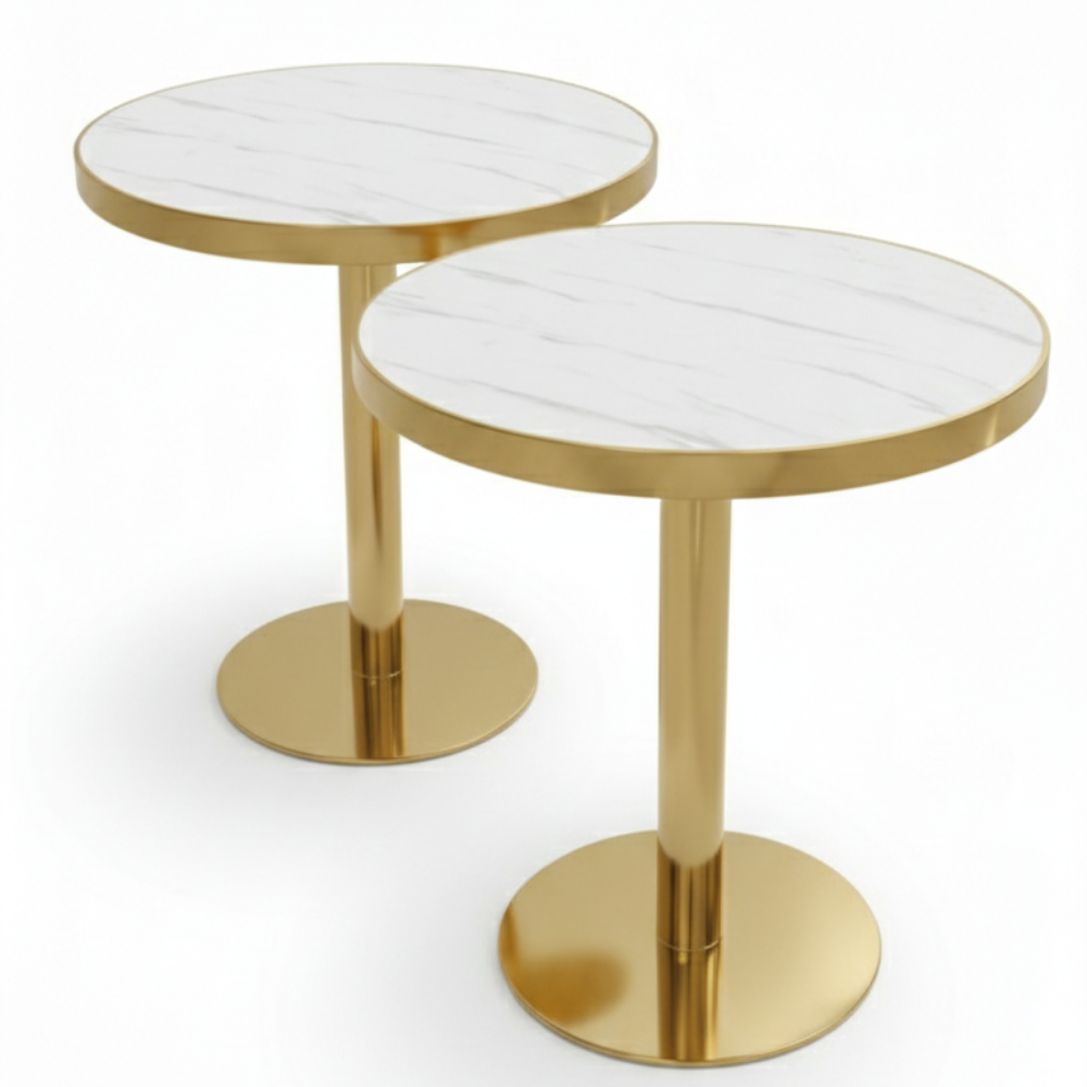 Beeds T-01 Round Coffee Table with Marble Finish MDF Top & Gold Pedestal Base | Premium Café & Restaurant Coffee Table