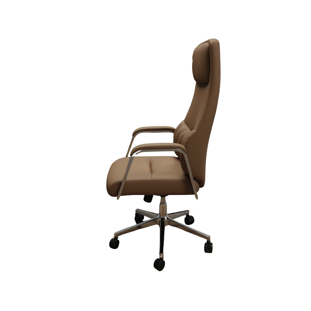 RSE A66 Executive High-Back Revolving Office Chair with Cushioned Headrest | Adjustable Height | 360° Swivel | Chrome Base | Padded Armrests | Brown