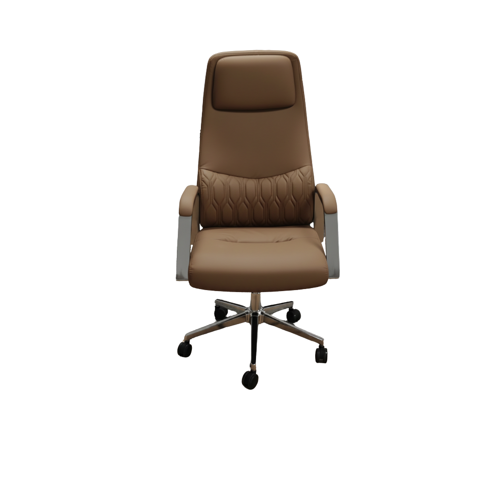 RSE A66 Executive High-Back Revolving Office Chair with Cushioned Headrest | Adjustable Height | 360° Swivel | Chrome Base | Padded Armrests | Brown