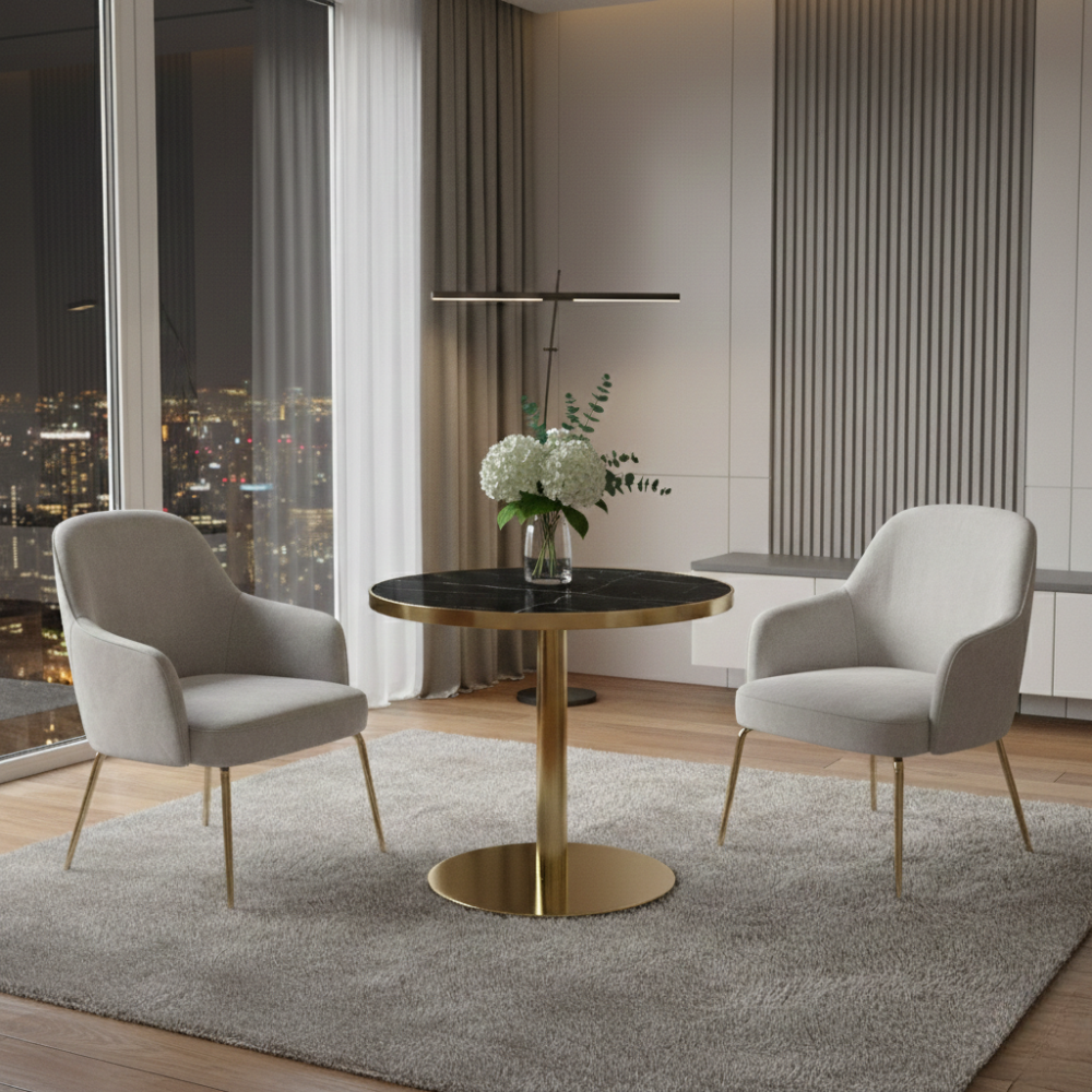 Beeds T-01 Round Coffee Table with Marble Finish MDF Top & Gold Pedestal Base | Premium Café & Restaurant Coffee Table