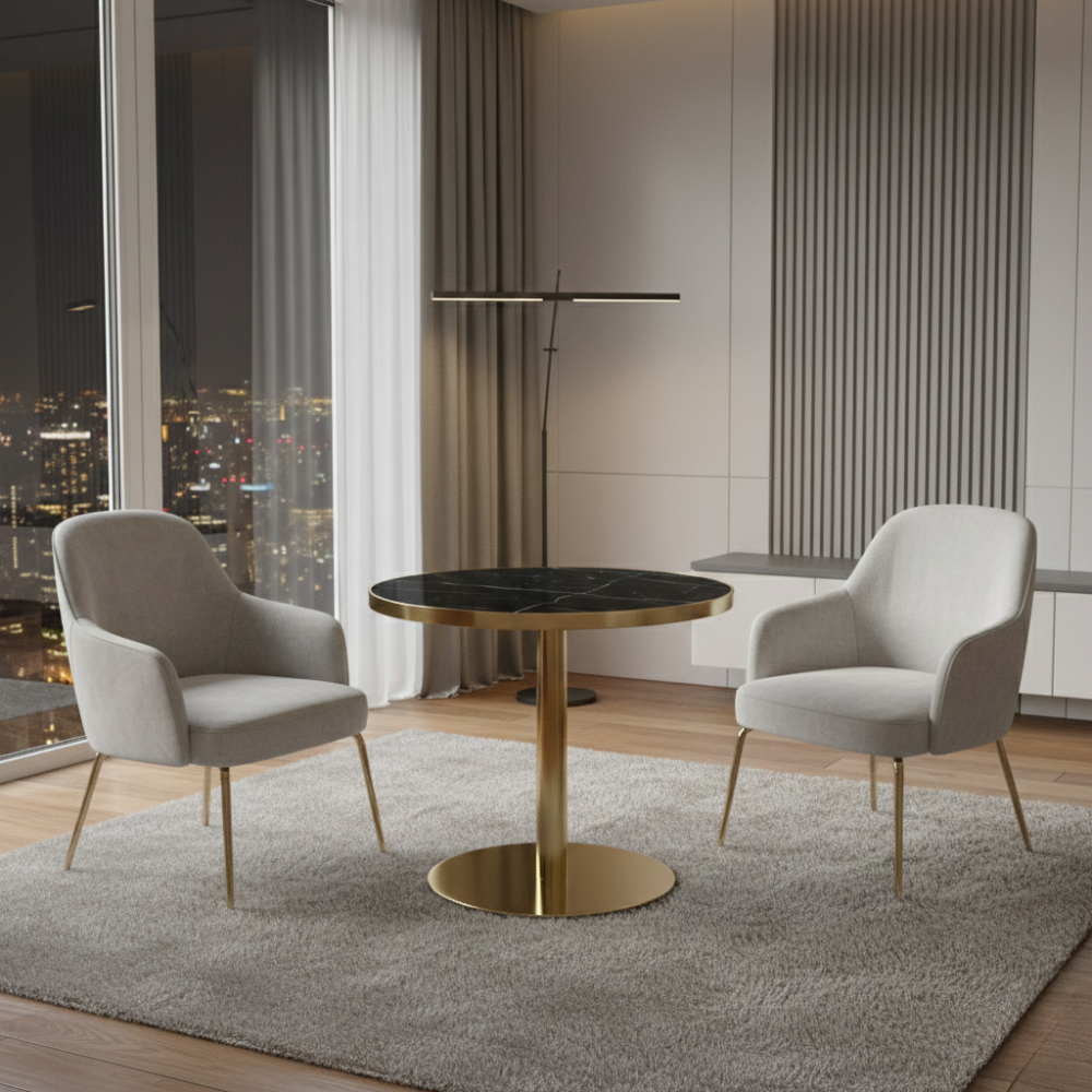 Beeds T-01 Round Coffee Table with Marble Finish MDF Top & Gold Pedestal Base | Premium Café & Restaurant Coffee Table