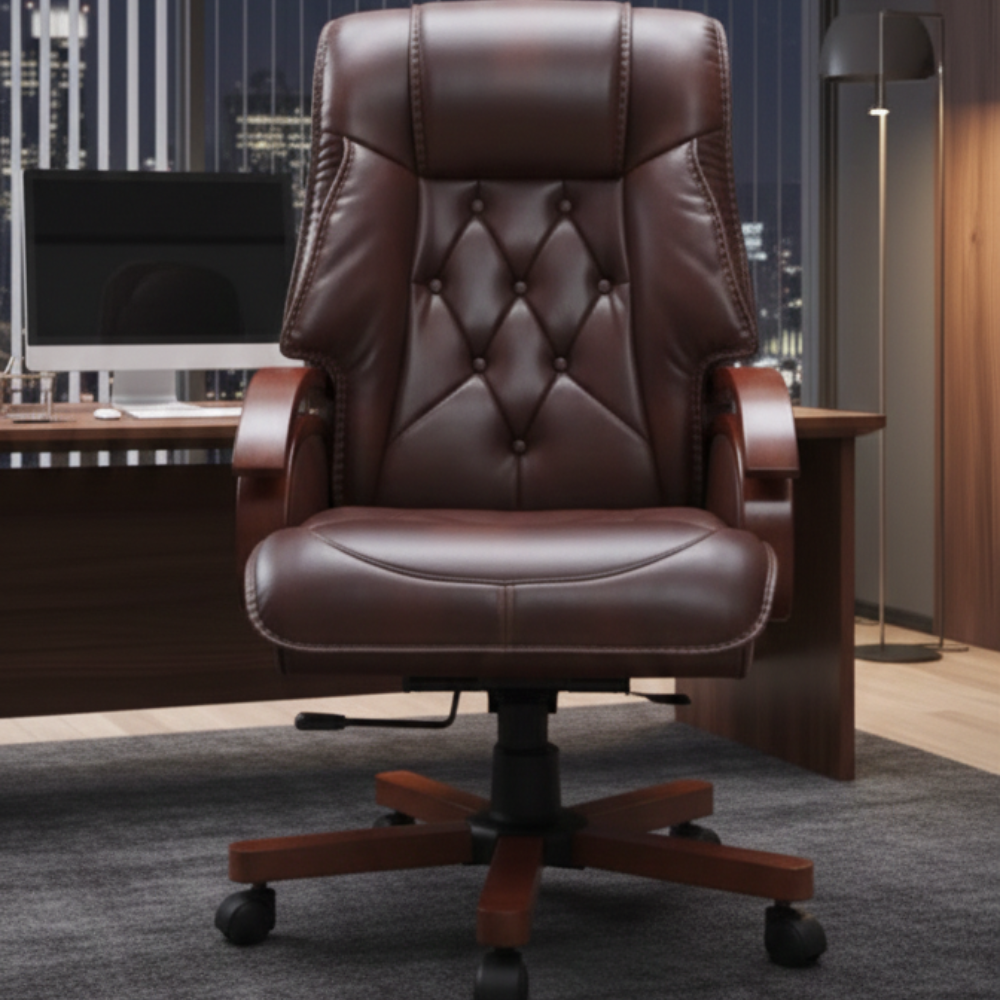 RSE F-120B Luxury Executive High-Back Revolving Chair | Premium Cushioned Upholstery | Wooden Finish Armrests & Base | Adjustable Height | Boss Chair (Brown)