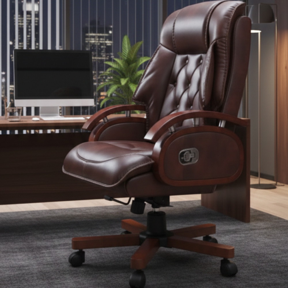 RSE F-120B Luxury Executive High-Back Revolving Chair | Premium Cushioned Upholstery | Wooden Finish Armrests & Base | Adjustable Height | Boss Chair (Brown)