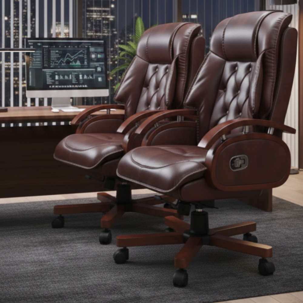 RSE F-120B Luxury Executive High-Back Revolving Chair | Premium Cushioned Upholstery | Wooden Finish Armrests & Base | Adjustable Height | Boss Chair (Brown)