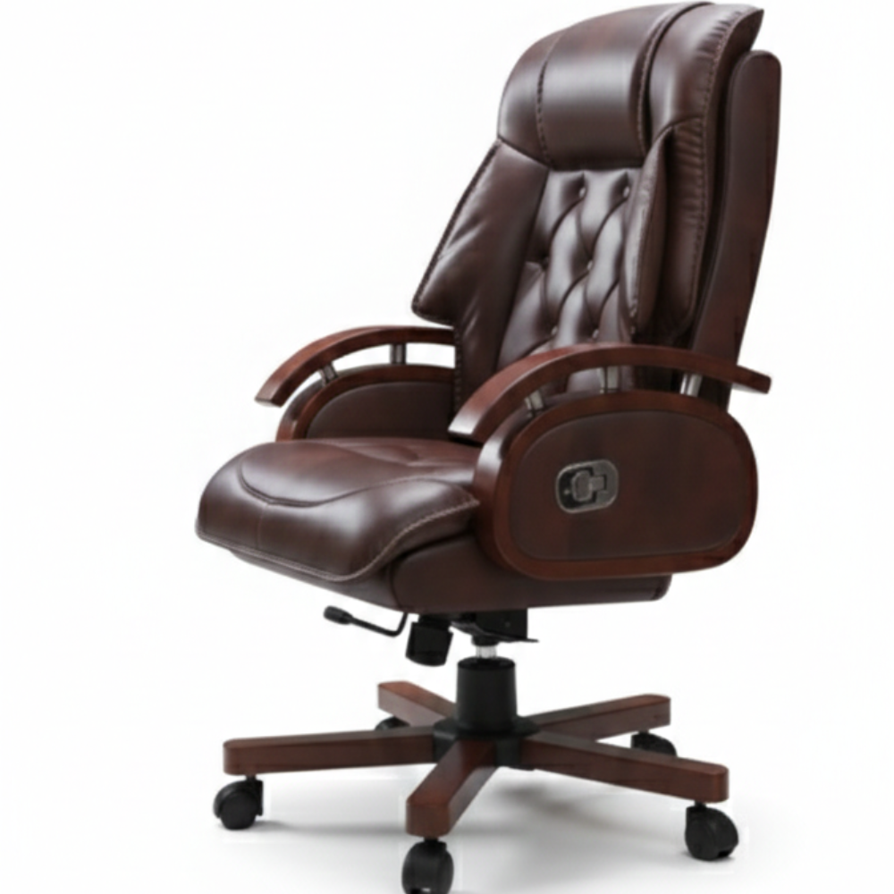 RSE F-120B Luxury Executive High-Back Revolving Chair | Premium Cushioned Upholstery | Wooden Finish Armrests & Base | Adjustable Height | Boss Chair (Brown)