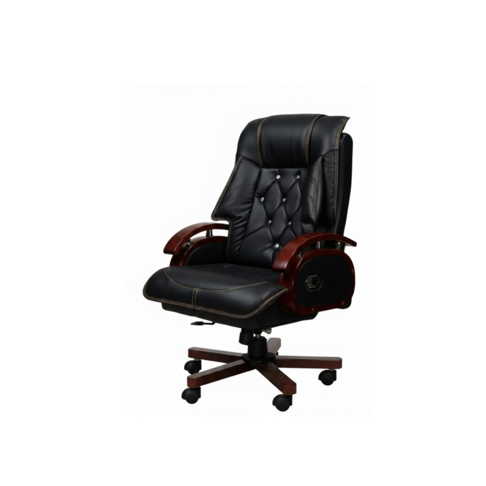 RSE F-120B Luxury Executive High-Back Revolving Chair | Premium Cushioned Upholstery | Wooden Finish Armrests & Base | Adjustable Height | Boss Chair (Brown)