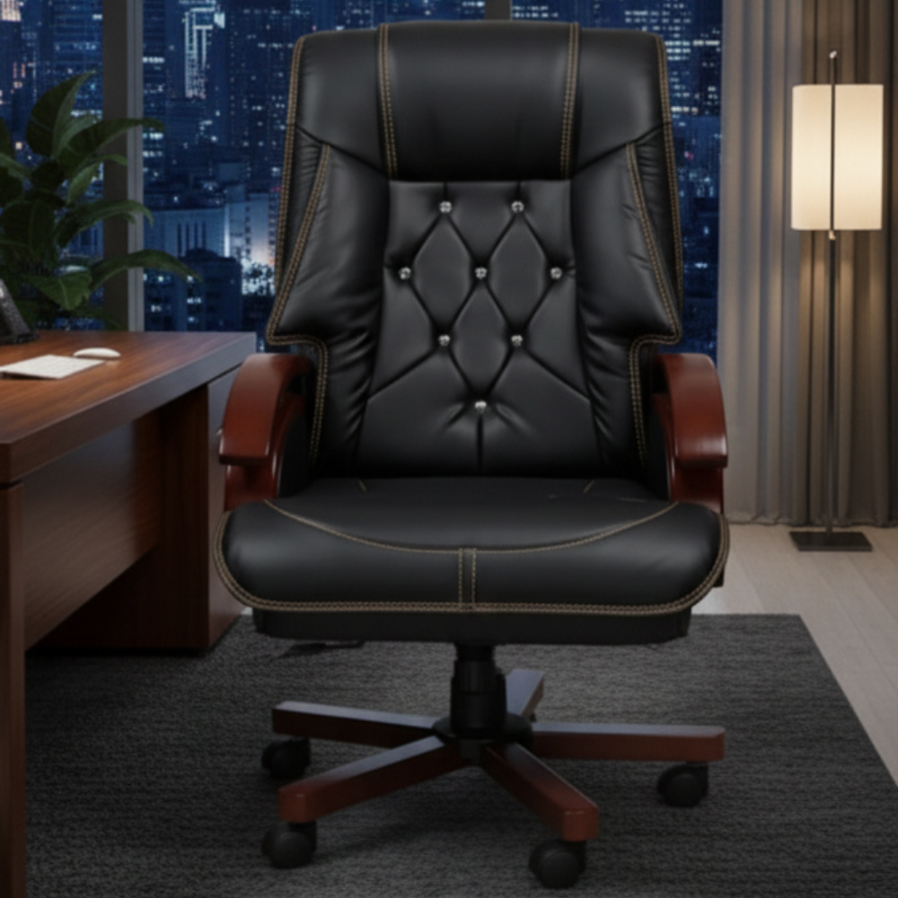 RSE F-120B Luxury Executive High-Back Revolving Chair | Premium Cushioned Upholstery | Wooden Finish Armrests & Base | Adjustable Height | Boss Chair (Brown)