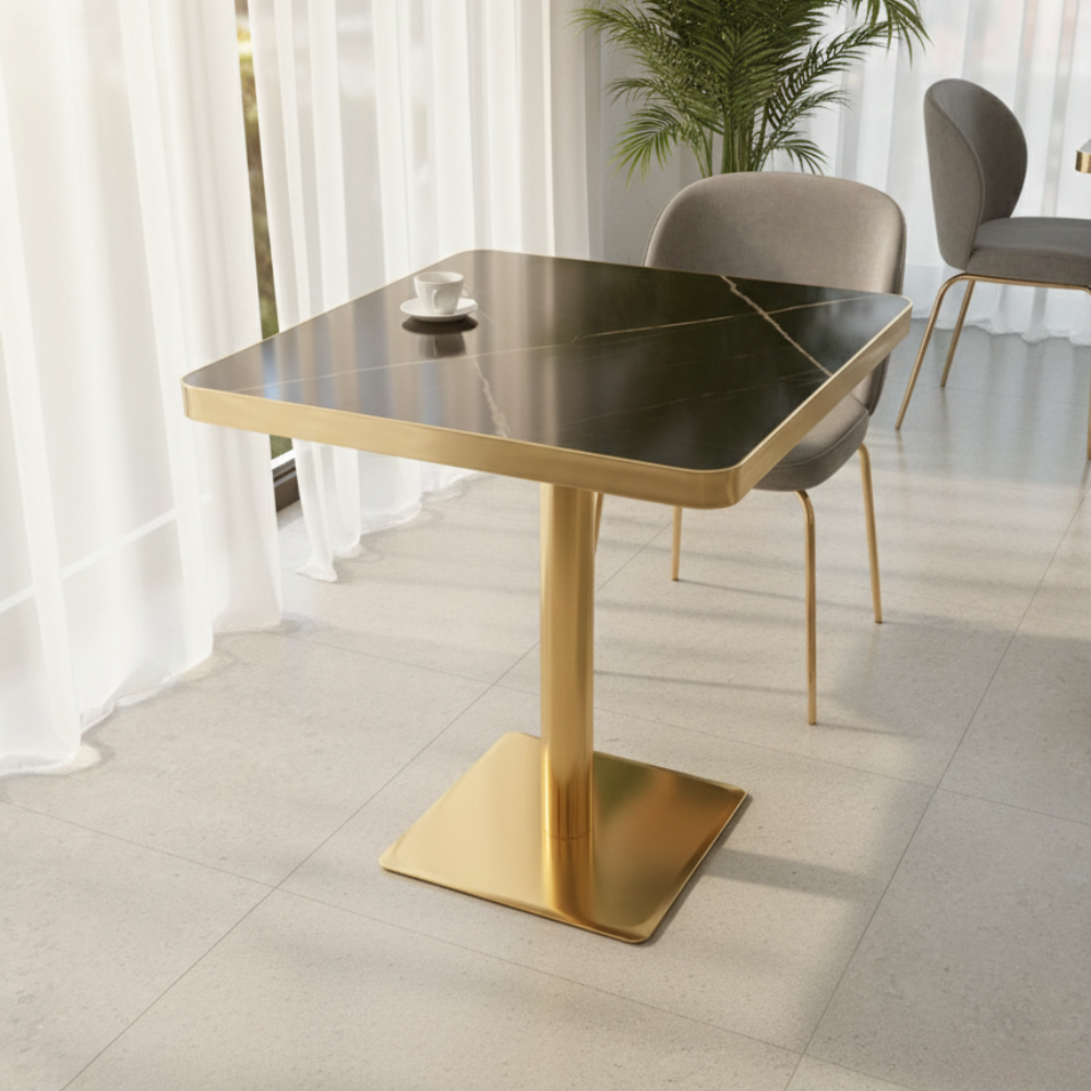 RSE T-13 Café & Restaurant Table with MDF Board Top | Marble Finish | Gold Finish Pedestal Base | Premium Commercial Table