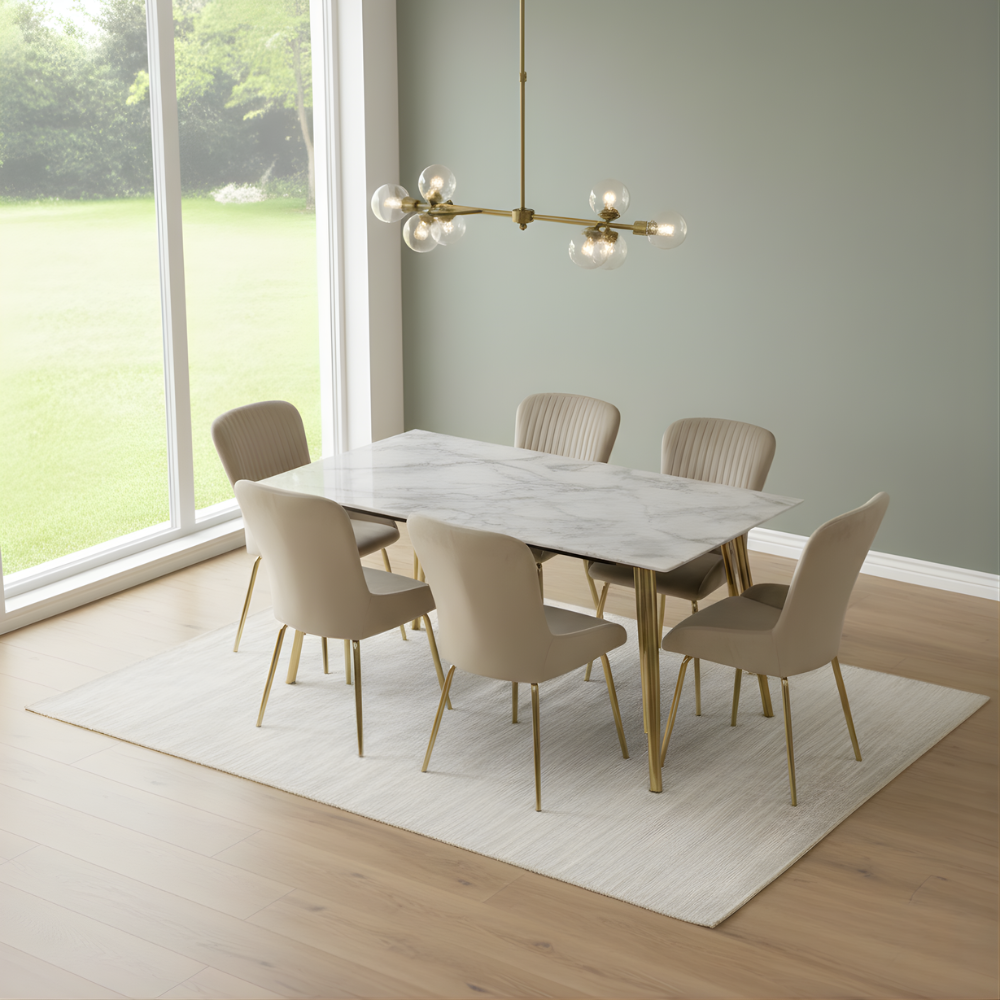 RSE M10 Luxury 6-Seater Dining Table Set with Marble Finish Top & Gold Metal Legs | Modern Dining Set for Home, Dining Room & Restaurant