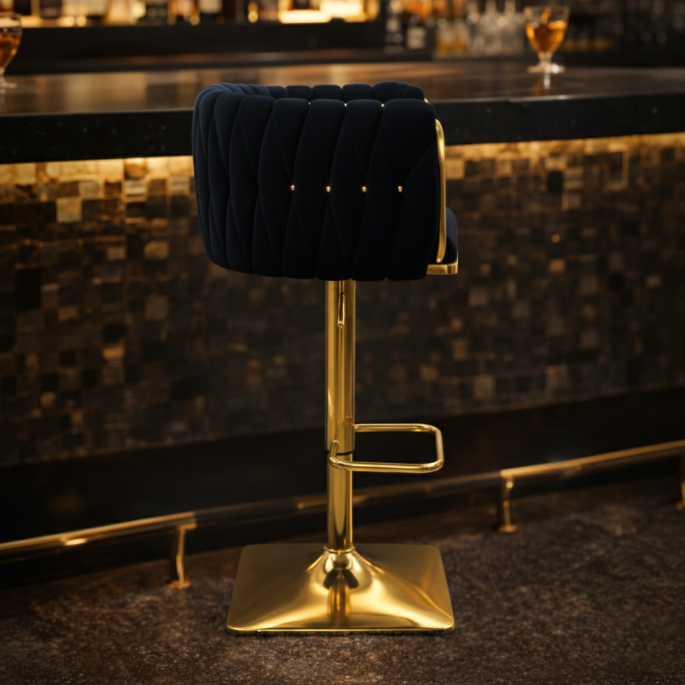 Beeds Luxury Bar Stool D17 with Adjustable Height, Gold Finish Metal Base, Soft Tufted Upholstered Seat & Backrest, 360° Swivel Designer Stool for Bar, Kitchen & Café