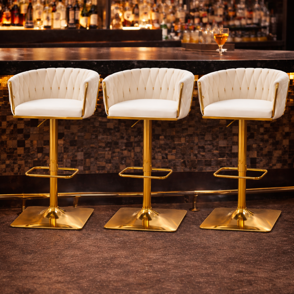 Beeds Luxury Bar Stool D17 with Adjustable Height, Gold Finish Metal Base, Soft Tufted Upholstered Seat & Backrest, 360° Swivel Designer Stool for Bar, Kitchen & Café