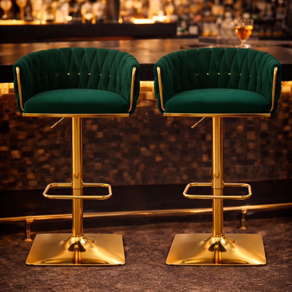 Beeds Luxury Bar Stool D17 with Adjustable Height, Gold Finish Metal Base, Soft Tufted Upholstered Seat & Backrest, 360° Swivel Designer Stool for Bar, Kitchen & Café