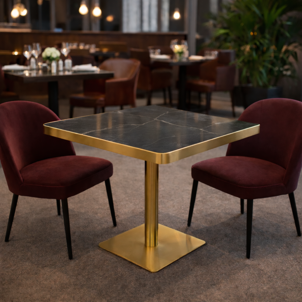 RSE T-13 Café & Restaurant Table with MDF Board Top | Marble Finish | Gold Finish Pedestal Base | Premium Commercial Table