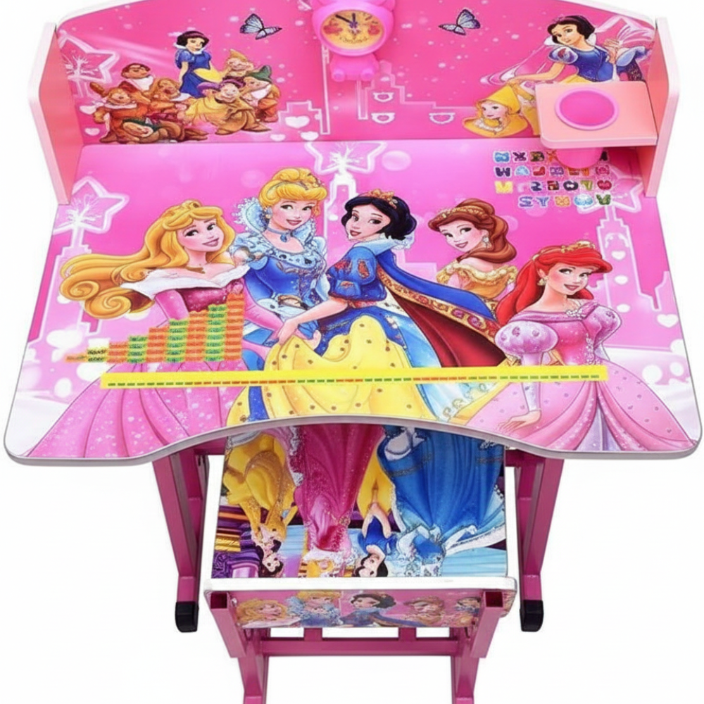 BEEDS Kids Study Desk and Chair Set with Adjustable Height, Cartoon Printed Tabletop, Storage Shelf & Strong Metal Frame