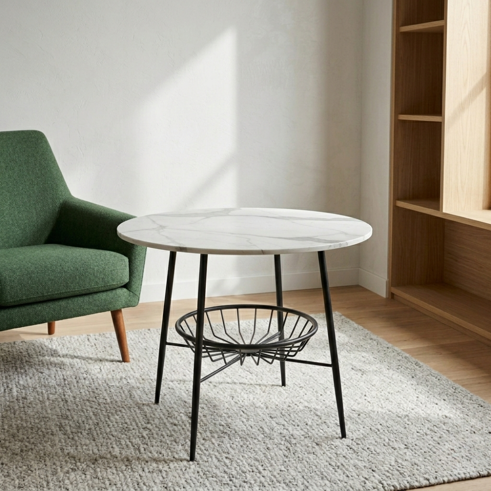 RSE Side Table with Marble Top and Black Metal Shelf – Modern Accent Storage Table for Living Room, Bedroom, and Lounge