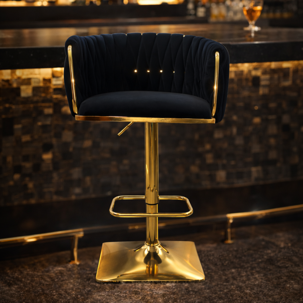 Beeds Luxury Bar Stool D17 with Adjustable Height, Gold Finish Metal Base, Soft Tufted Upholstered Seat & Backrest, 360° Swivel Designer Stool for Bar, Kitchen & Café