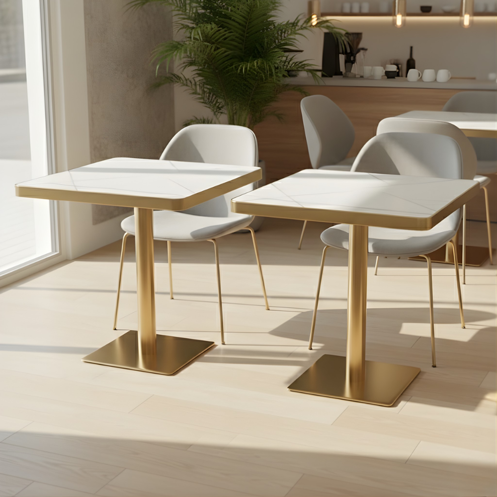 RSE T-13 Café & Restaurant Table with MDF Board Top | Marble Finish | Gold Finish Pedestal Base | Premium Commercial Table
