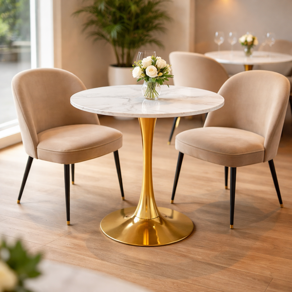 RSE T-18 Luxury Marble Coffee Table | Natural Marble Top | Gold Finish Pedestal Base | Premium Café, Lounge & Hotel Table
