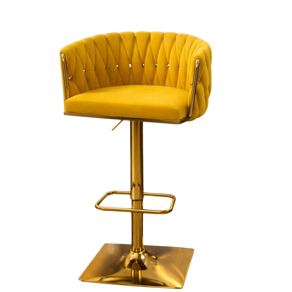 Beeds Luxury Bar Stool D17 with Adjustable Height, Gold Finish Metal Base, Soft Tufted Upholstered Seat & Backrest, 360° Swivel Designer Stool for Bar, Kitchen & Café