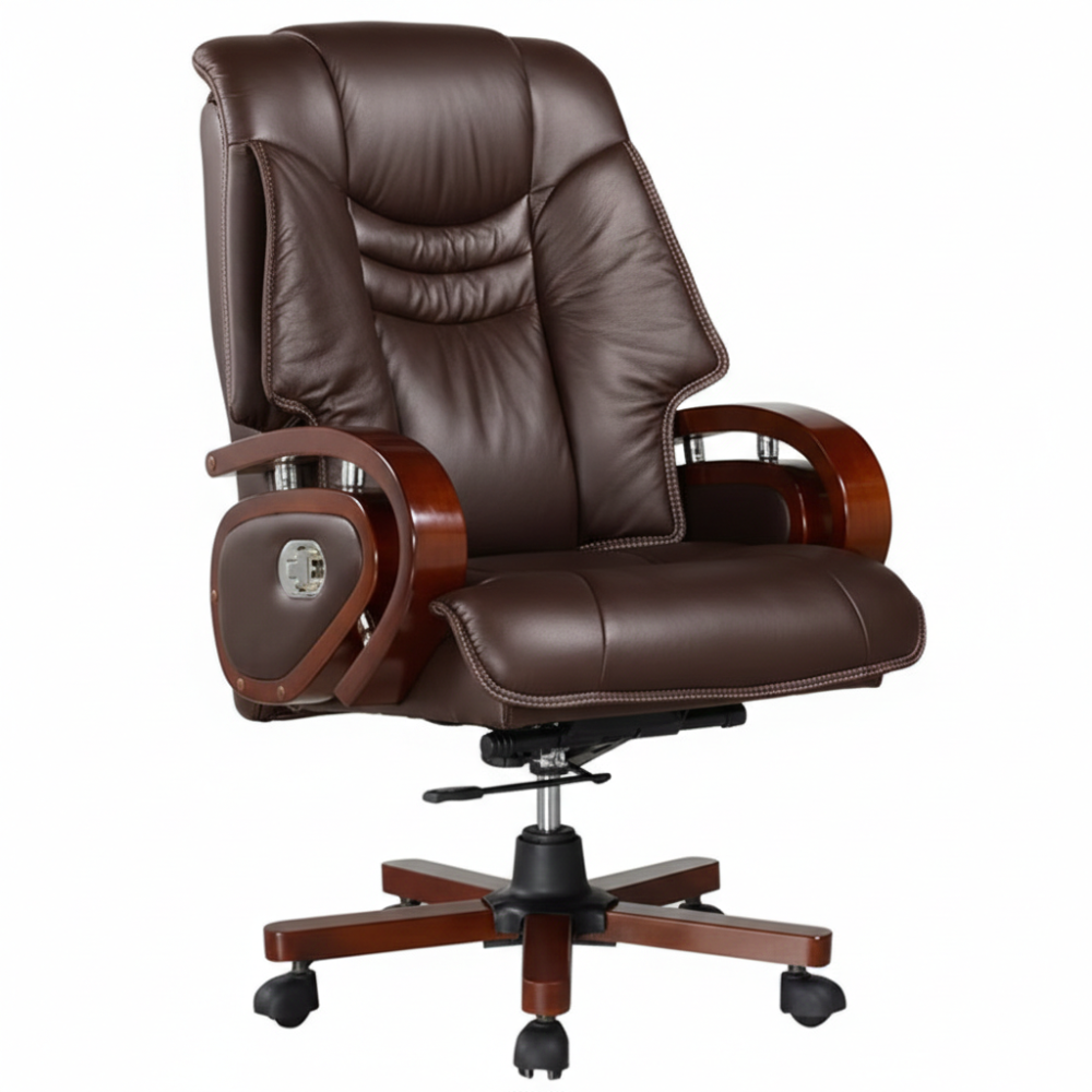RSE Boss Chair Ergonomic Office Chair with High Back Support, Wooden Armrests, Reclining Tilt Function, Cushioned Comfort, Rolling Wheels