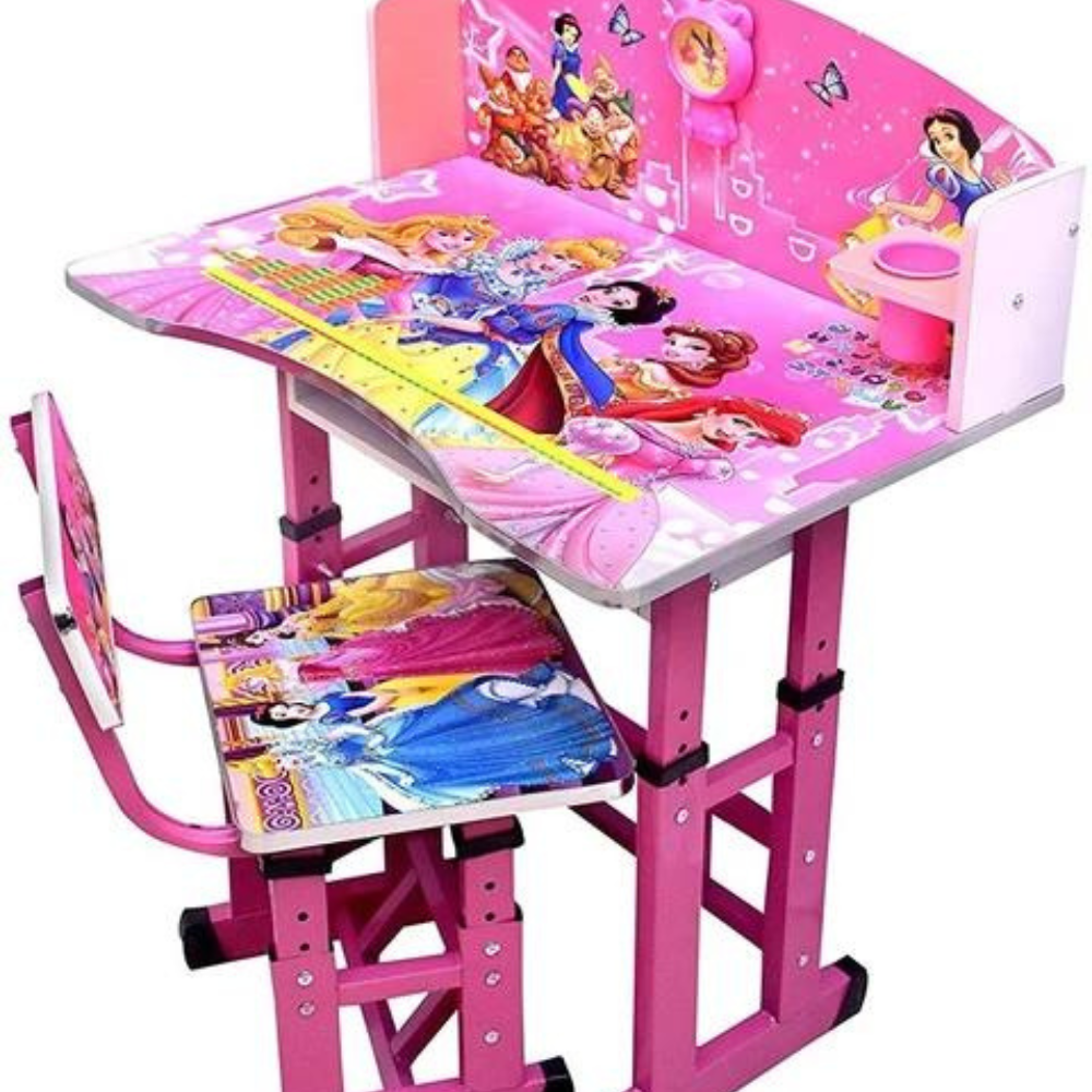 BEEDS Kids Study Desk and Chair Set with Adjustable Height, Cartoon Printed Tabletop, Storage Shelf & Strong Metal Frame