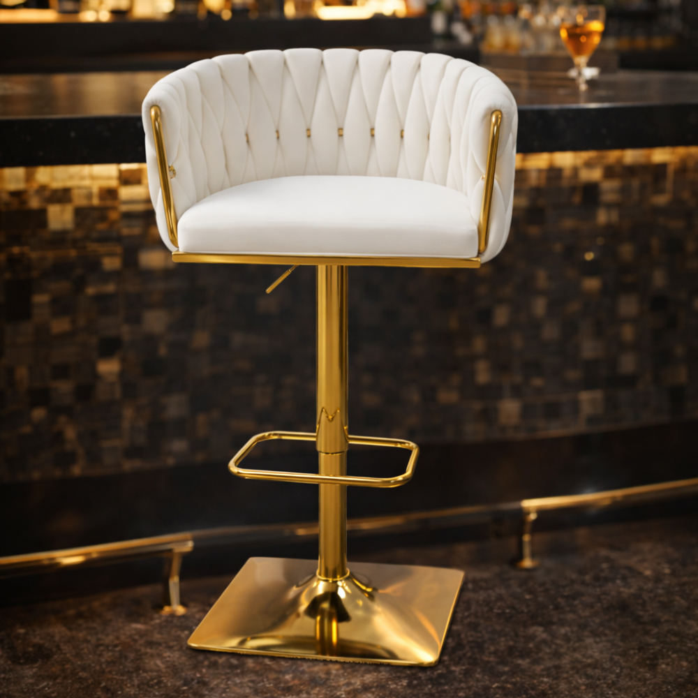 Beeds Luxury Bar Stool D17 with Adjustable Height, Gold Finish Metal Base, Soft Tufted Upholstered Seat & Backrest, 360° Swivel Designer Stool for Bar, Kitchen & Café