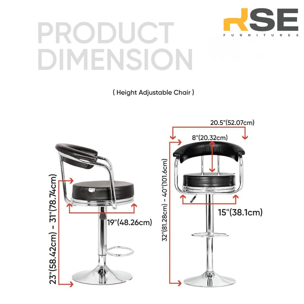 RSE Adjustable Bar Stool with Round Plush Seat, Curved Backrest, Chrome Footrest, Stylish Metal Base, Comfortable Seating for Kitchen, Bar, or Office