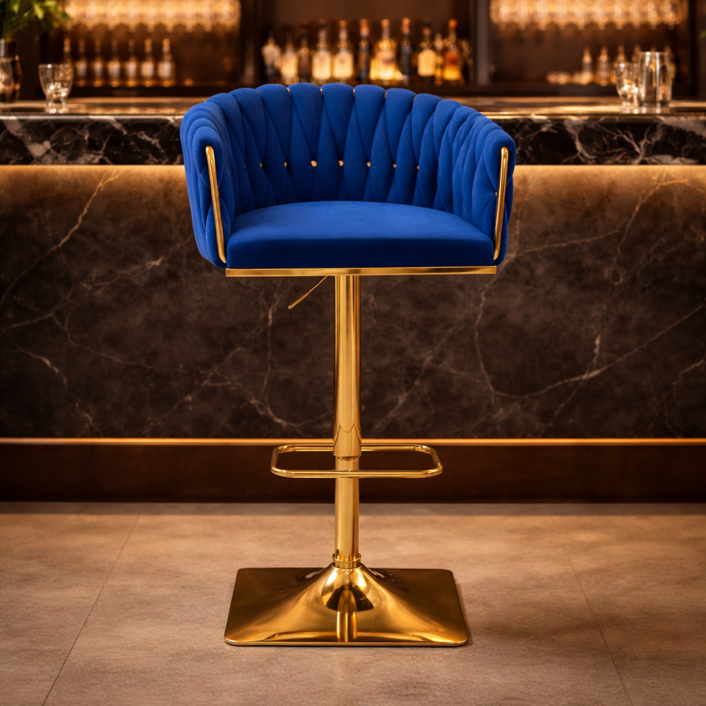 Beeds Luxury Bar Stool D17 with Adjustable Height, Gold Finish Metal Base, Soft Tufted Upholstered Seat & Backrest, 360° Swivel Designer Stool for Bar, Kitchen & Café