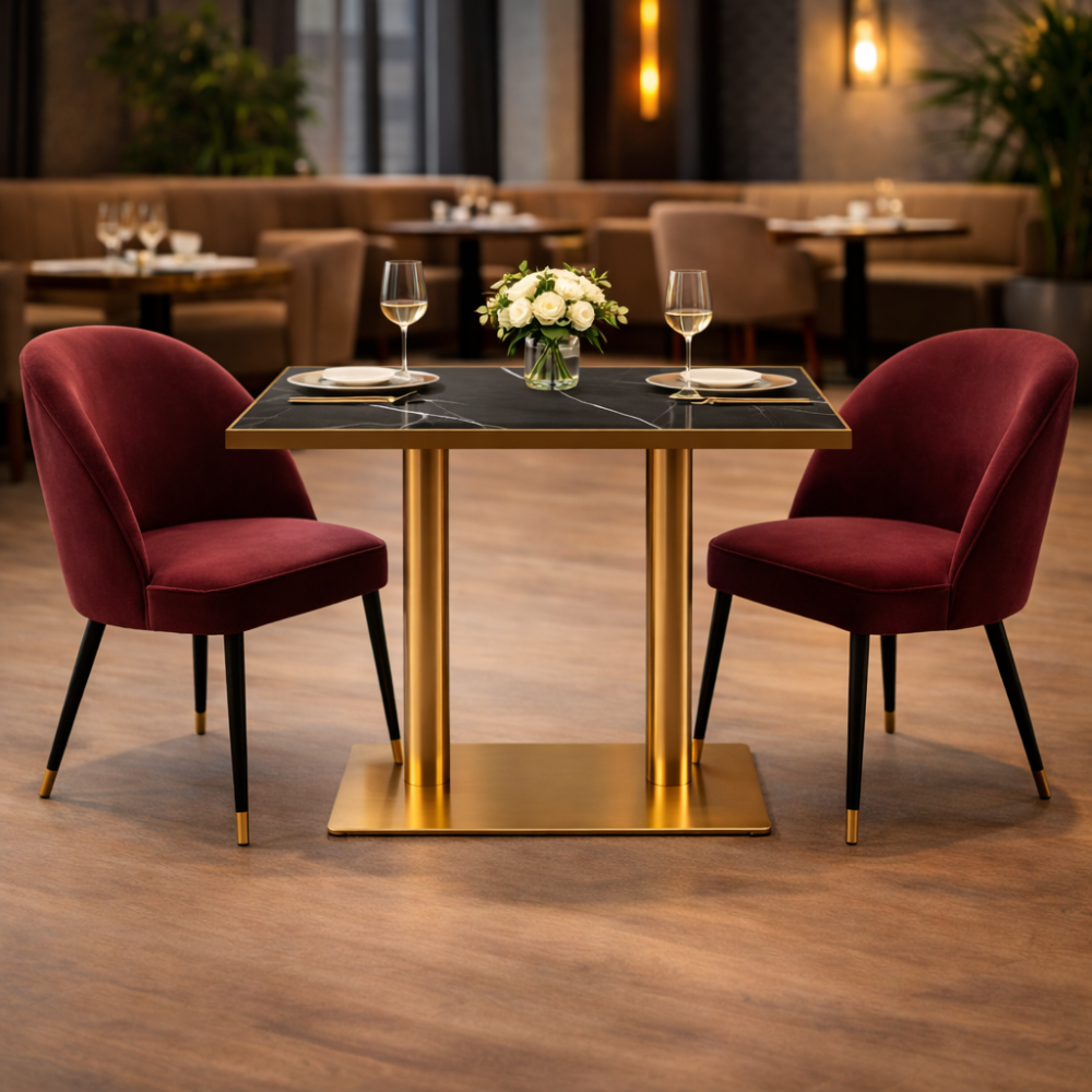 RSE TABLE 1-1 Commercial Dining Table with MDF Board Top | Gold Finish Metal Base | Heavy-Duty Restaurant & Café Table |