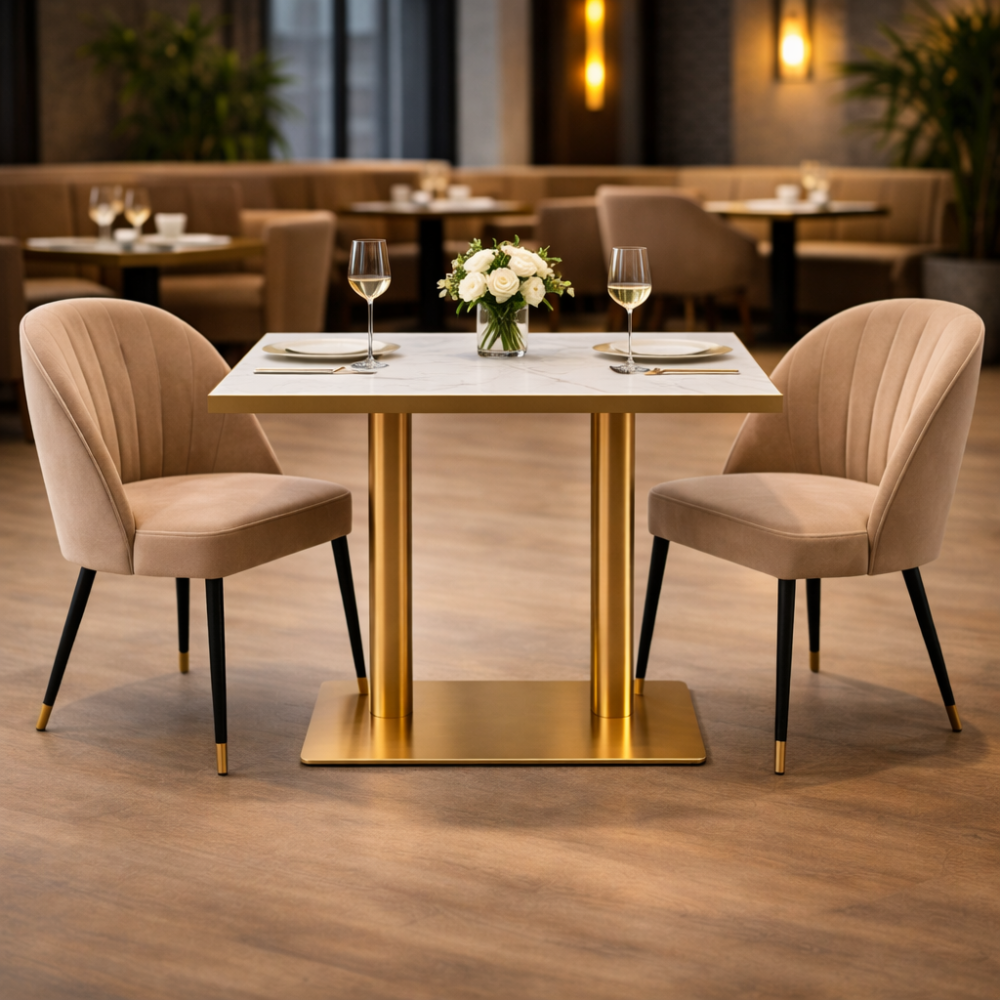 RSE TABLE 1-1 Commercial Dining Table with MDF Board Top | Gold Finish Metal Base | Heavy-Duty Restaurant & Café Table |
