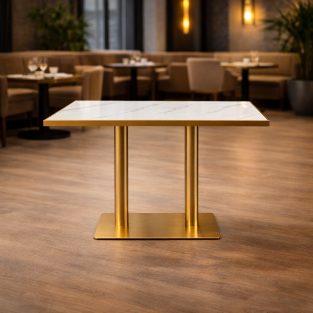 RSE TABLE 1-1 Commercial Dining Table with MDF Board Top | Gold Finish Metal Base | Heavy-Duty Restaurant & Café Table |