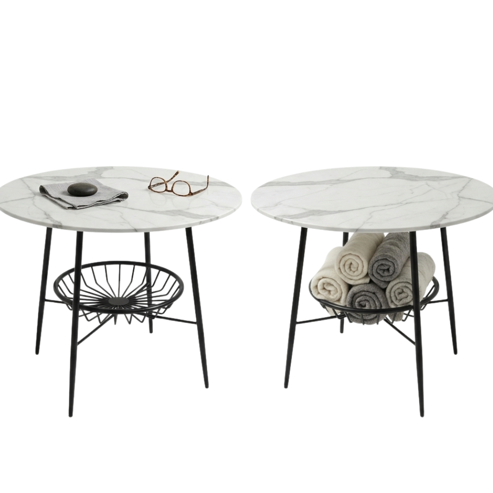 RSE Side Table with Marble Top and Black Metal Shelf – Modern Accent Storage Table for Living Room, Bedroom, and Lounge